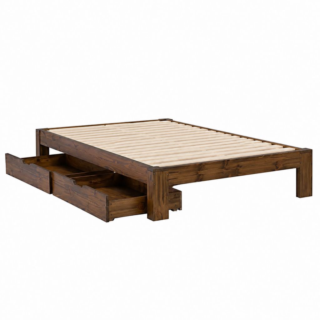 Lit double avec 2 tiroirs brun foncé en pin massif rectangulaire couchage 140 x 200 cm dimensions 206 x 146 x 38 cm
