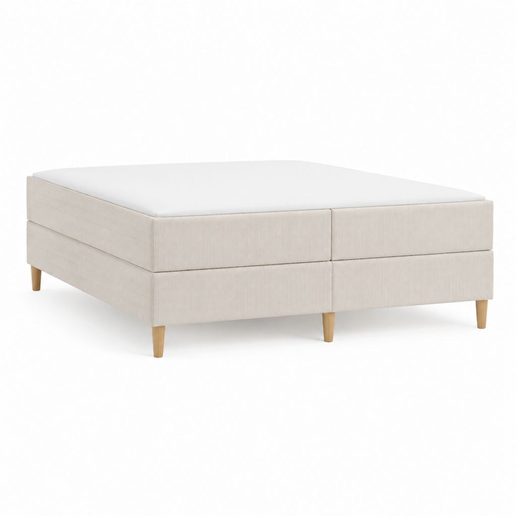 Lit boxspring 160 x 200 cm blanc cassé en polyester côtelé avec pieds en bois massif