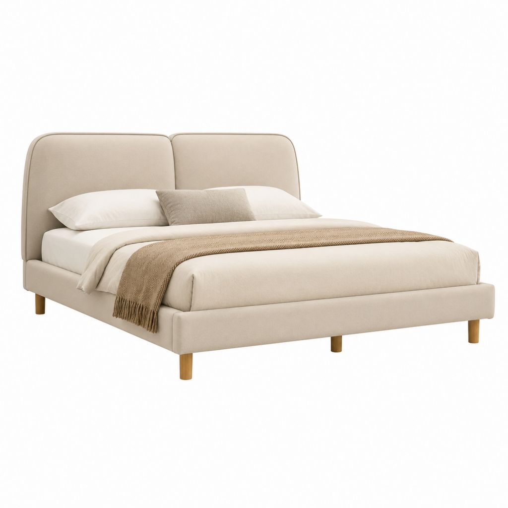 Lit double capitonné beige en polyester avec tête de lit rembourrée 160 x 200 cm