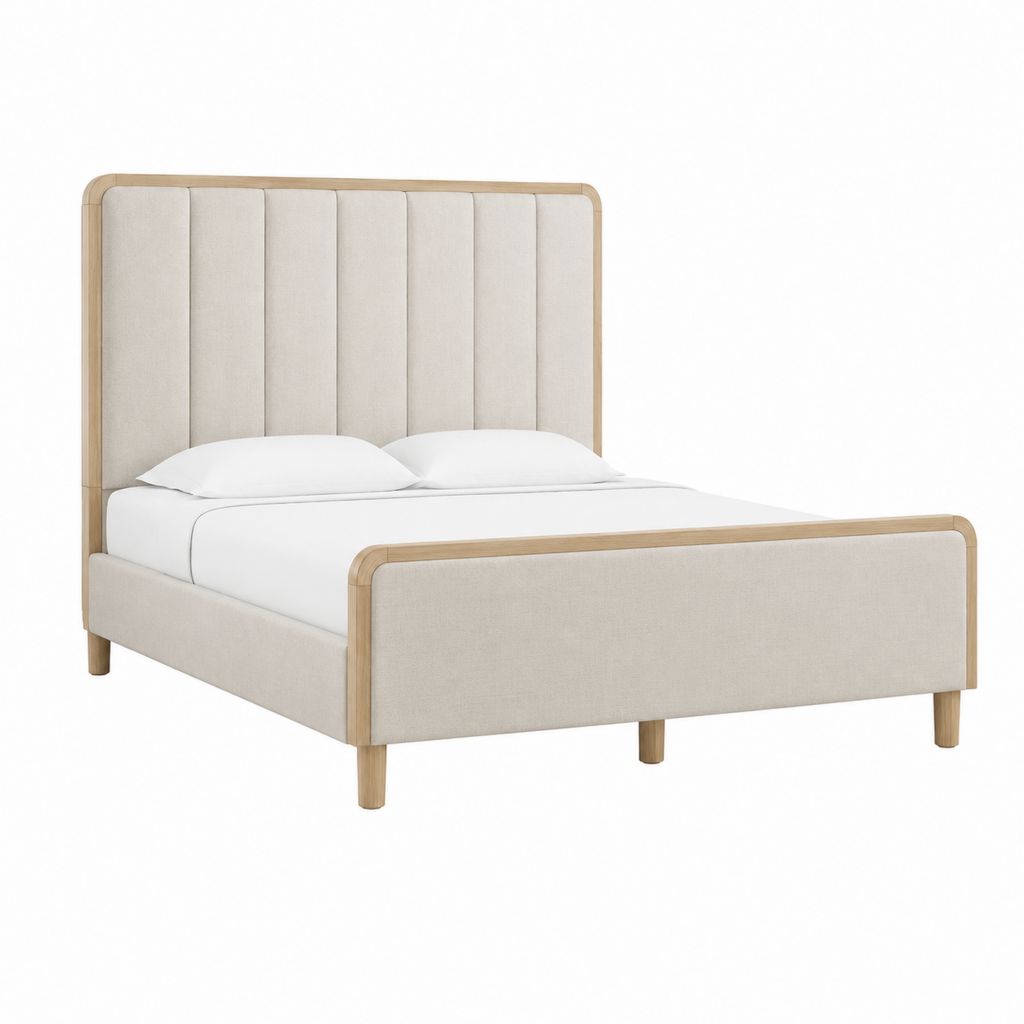Lit double 160 x 200 cm beige en polyester avec cadre en bois massif et tête de lit capitonnée
