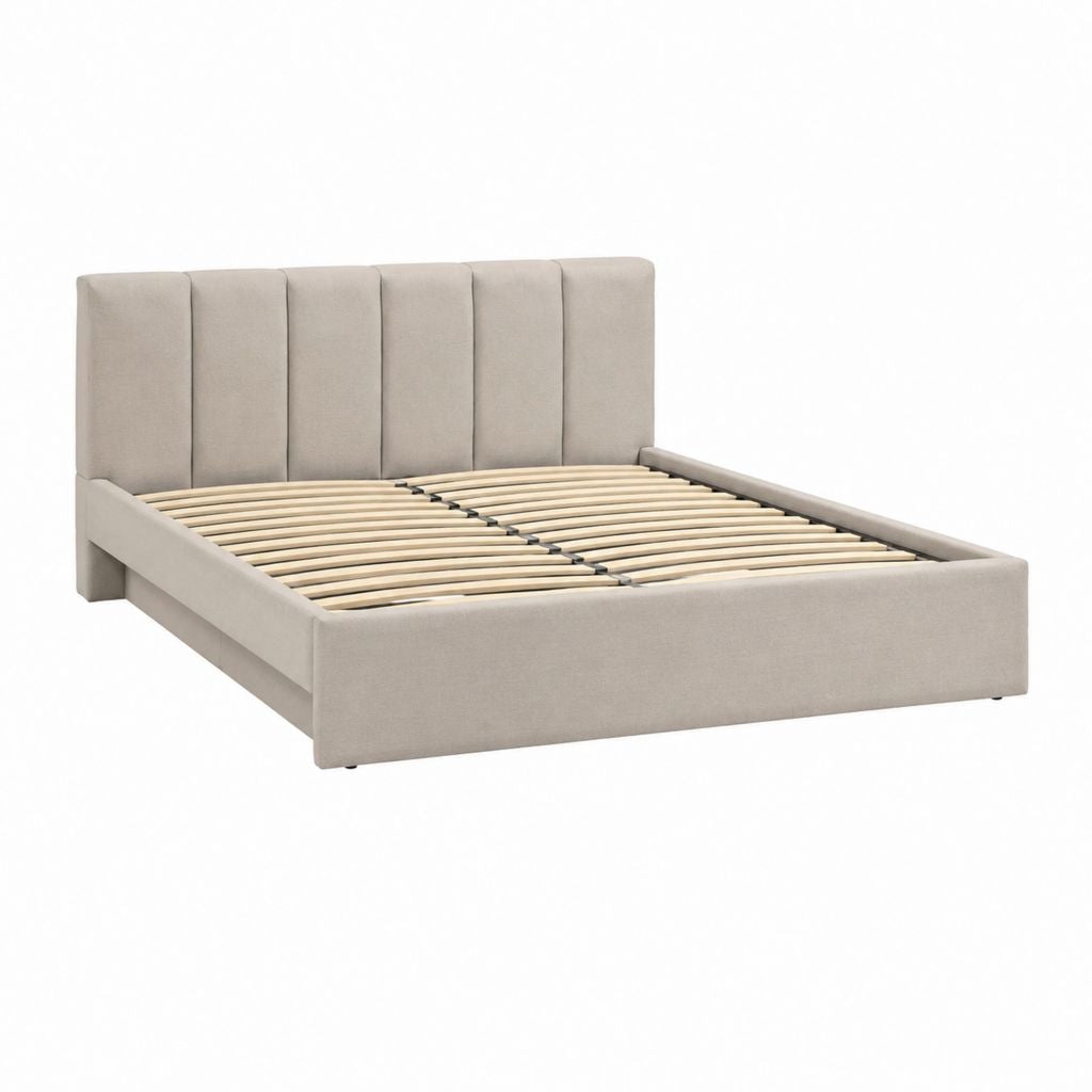 Lit double avec cadre beige en polyester 160 x 200 cm avec sommier à lattes et tête de lit capitonnée