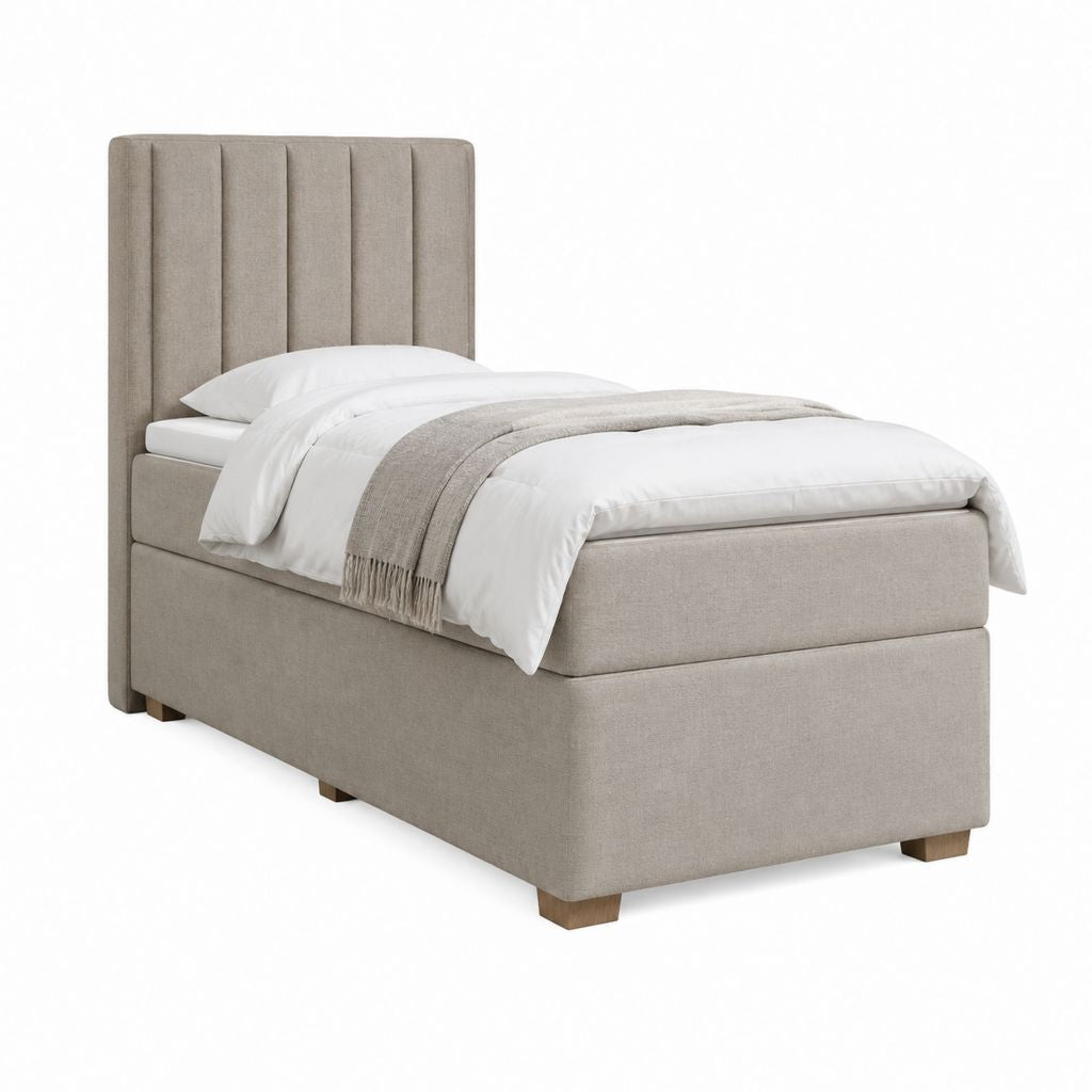 Lit 1 place avec tête de lit capitonnée beige en polyester rectangulaire 90 x 190 cm