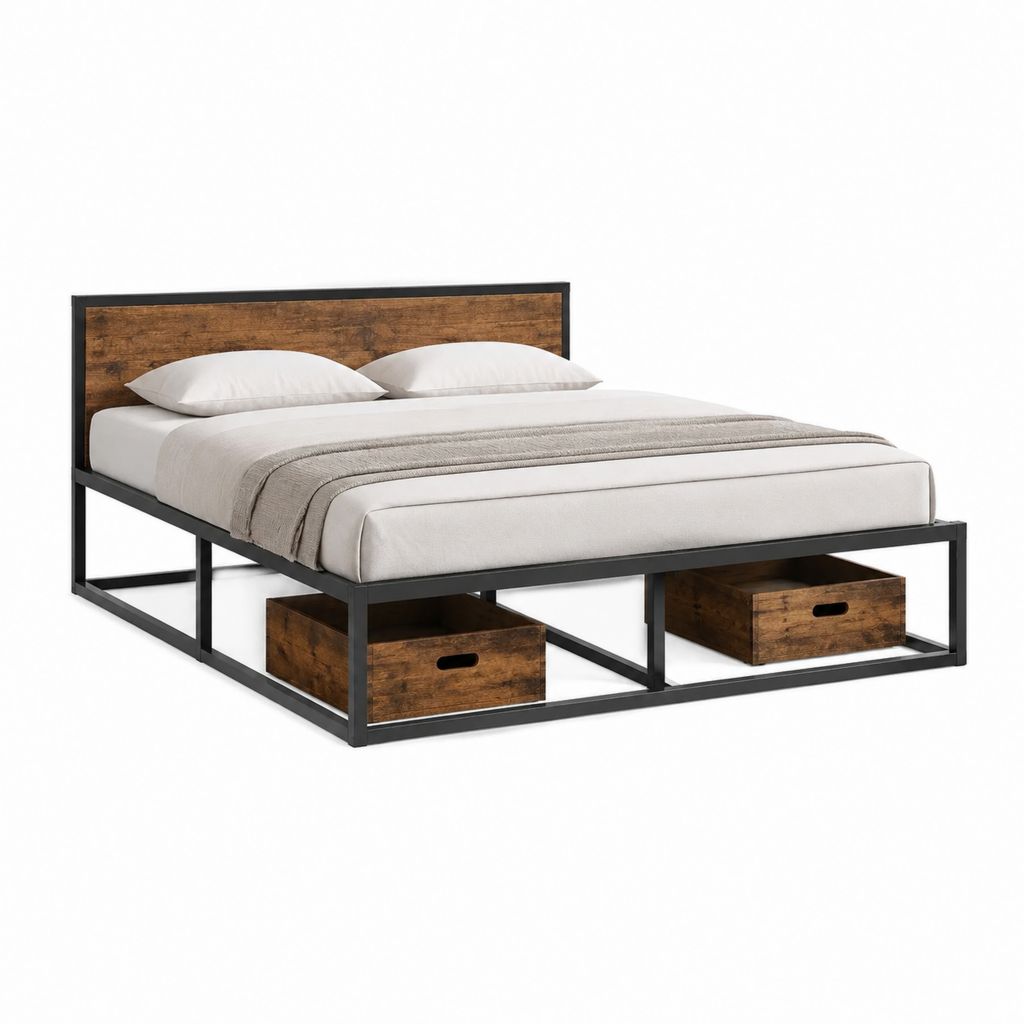 Lit double avec rangement noir et marron en acier et panneaux MDF 160 x 200 cm