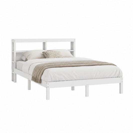 Lit double blanc en pin massif avec tête de lit de rangement rectangulaire 160 x 200 cm