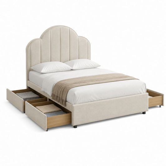 Lit double 160 x 200 cm beige en polyester avec tête de lit festonnée et 4 tiroirs de rangement
