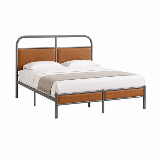 Lit double 160 x 200 cm en acier gris anthracite et similicuir PU marron
