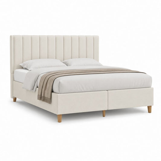 Lit double capitonné beige en polyester avec tête de lit verticale 160 x 200 cm