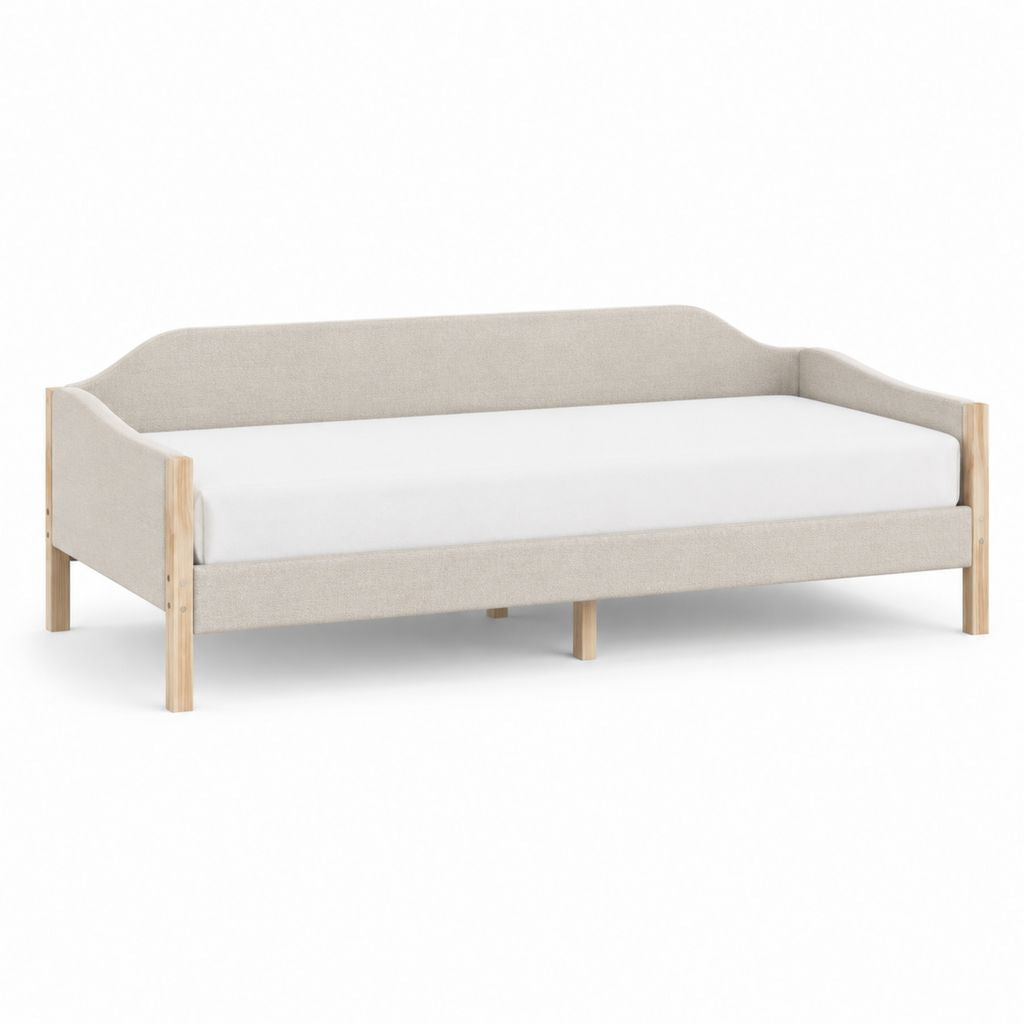Lit enfant rectangulaire avec barrières latérales beige en bois massif et polyester 140 x 70 cm