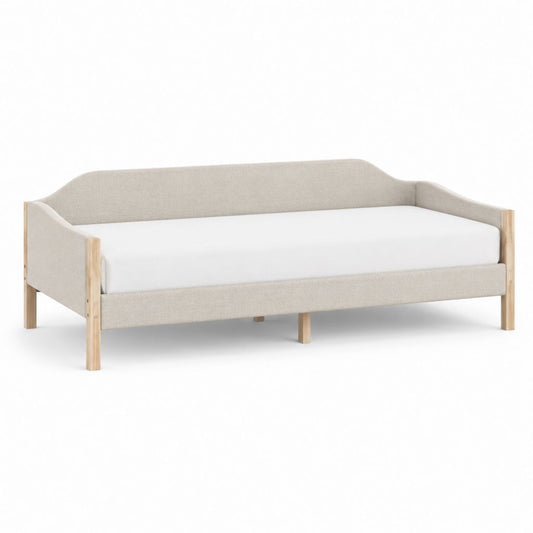Lit enfant rectangulaire avec barrières latérales beige en bois massif et polyester 140 x 70 cm