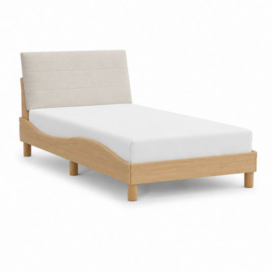 Lit double avec cadre en chêne clair et tête de lit beige en polyester 140 x 190 cm