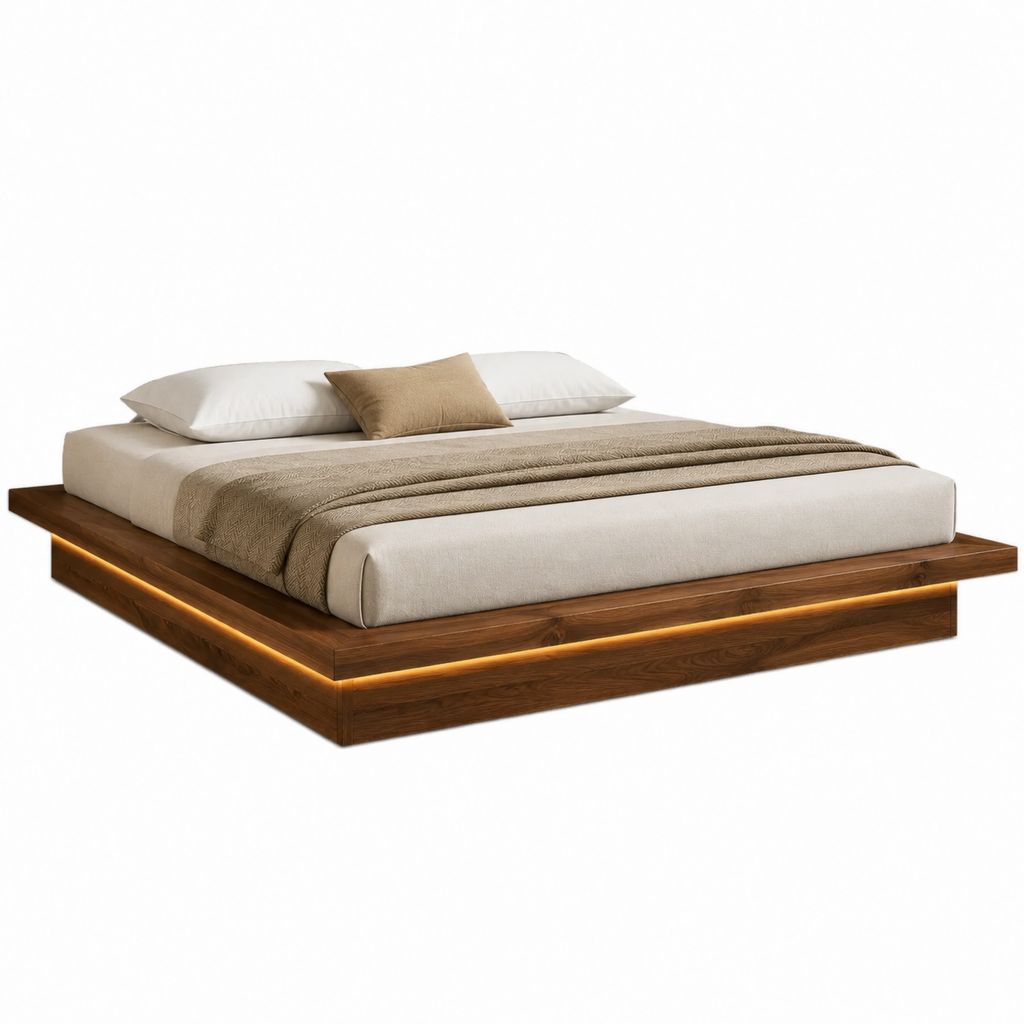 Cadre de lit plateforme 160 x 200 cm noyer en MDF plaqué avec éclairage LED intégré