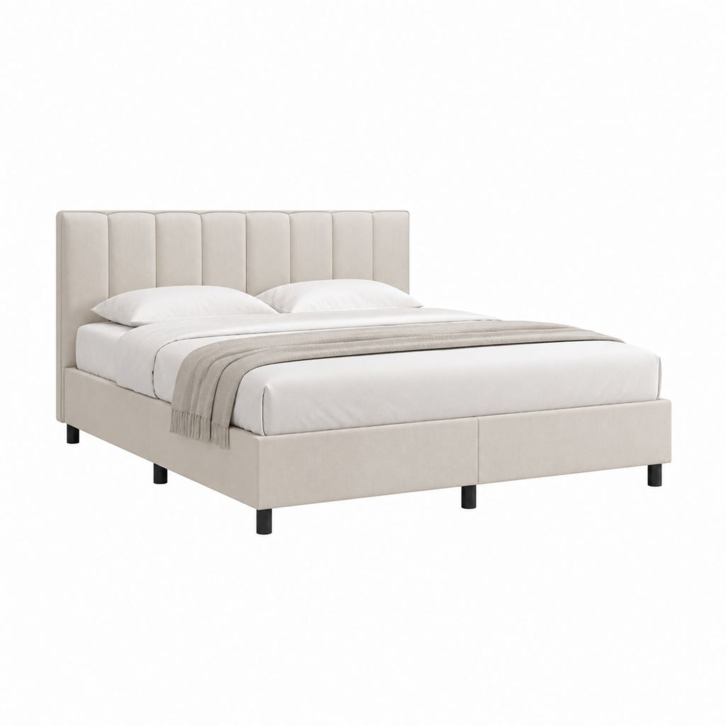 Lit double rectangulaire beige en polyester 160 x 200 cm