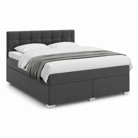 Lit coffre double gris foncé en polyester avec tête de lit capitonnée 160 x 200 cm