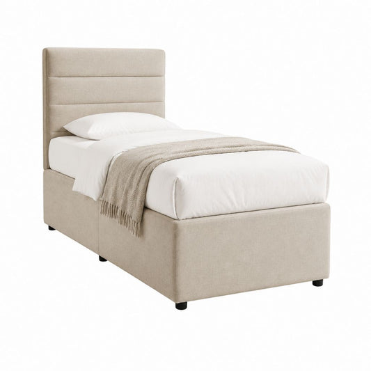 Lit simple tapissé beige en polyester 90 x 190 cm avec tête de lit capitonnée