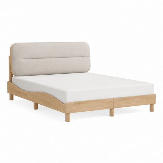 Lit double cadre de lit rectangulaire 160 x 200 cm chêne clair tête de lit beige en polyester