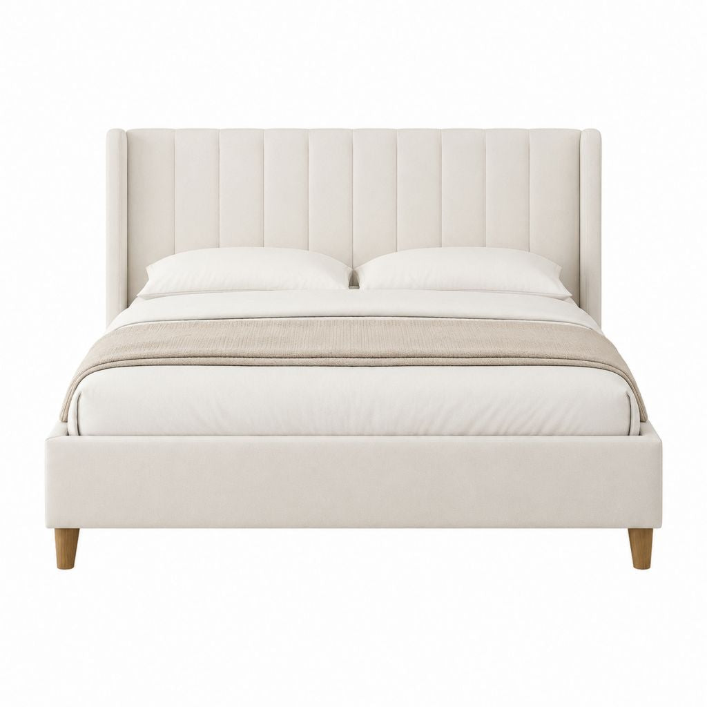 Lit double 160 x 200 cm beige en polyester avec tête de lit capitonnée