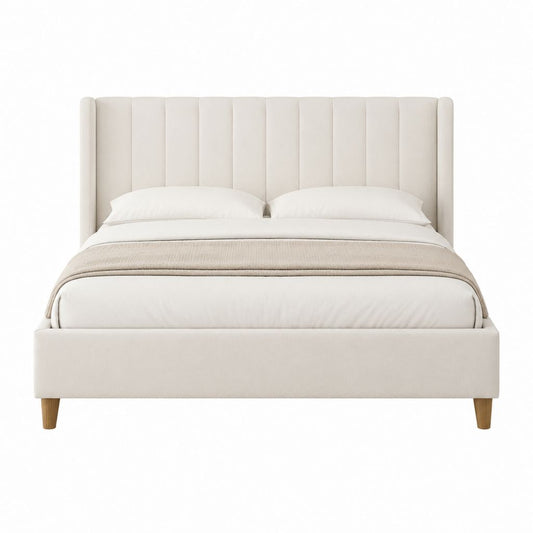 Lit double 160 x 200 cm beige en polyester avec tête de lit capitonnée