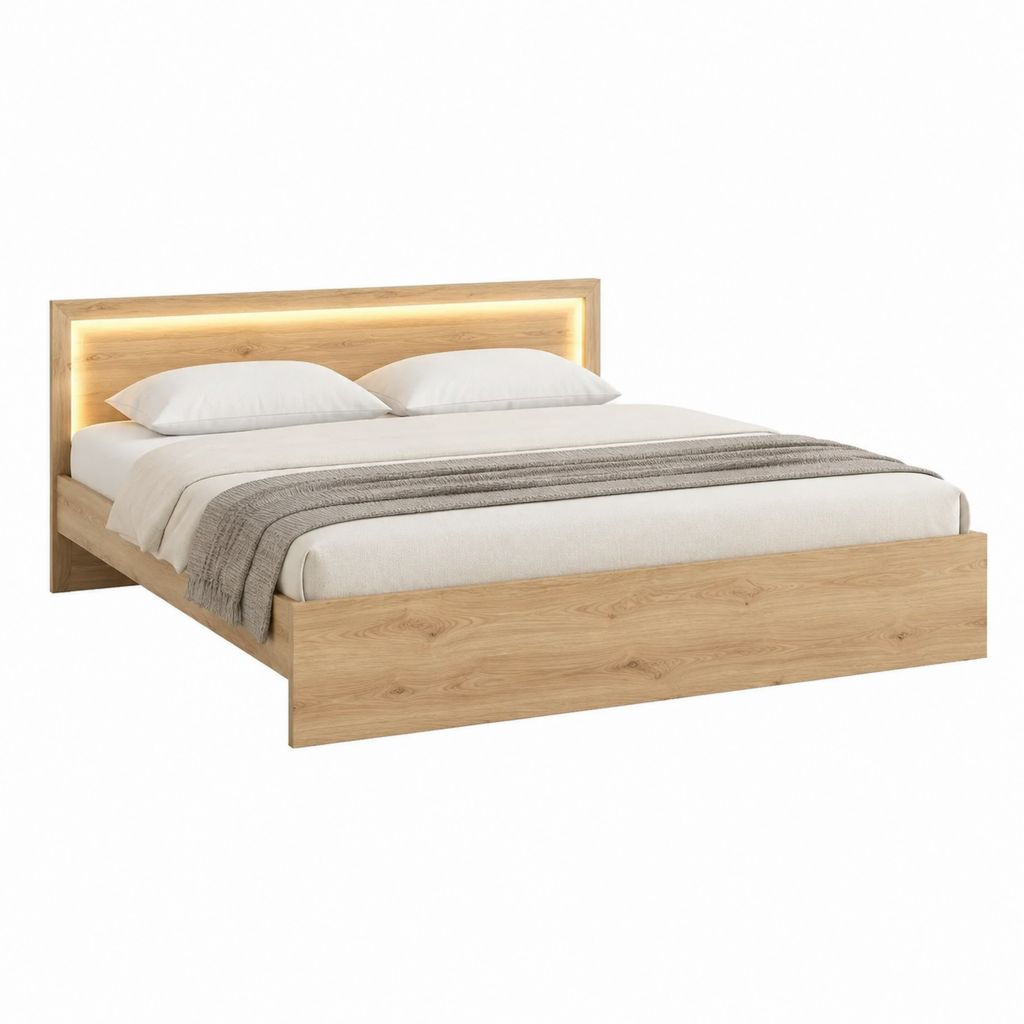Cadre de lit double 160 x 200 cm chêne clair en panneaux de particules avec tête de lit LED