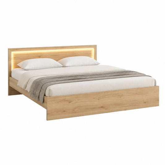 Cadre de lit double 160 x 200 cm chêne clair en panneaux de particules avec tête de lit LED