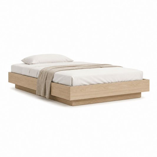Cadre de lit double plateforme beige en MDF plaqué chêne 160 x 200 cm