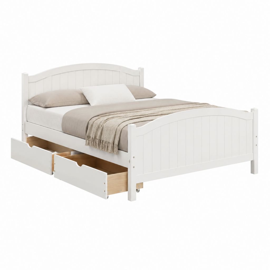 Lit double avec 2 tiroirs blanc en pin massif 140 x 190 cm
