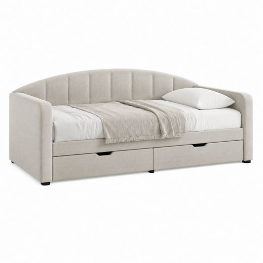Lit banquette 90 x 200 cm beige en polyester avec 2 tiroirs de rangement