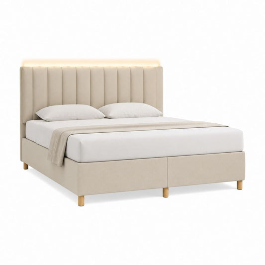 Lit double beige en polyester avec tête de lit capitonnée 160 x 200 cm