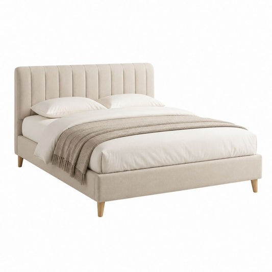 Lit double capitonné beige en polyester avec cadre en panneaux de particules 160 x 200 cm