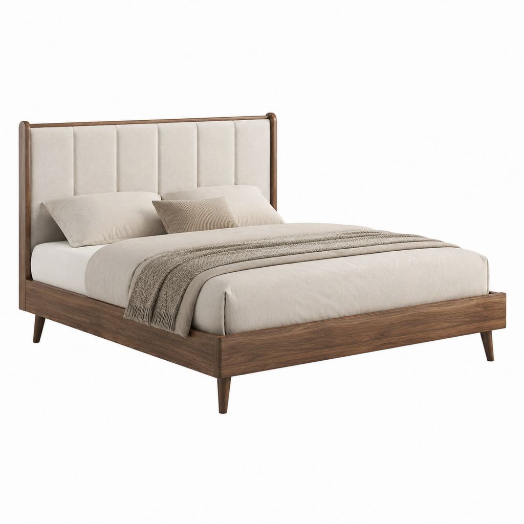 Cadre de lit double 160 x 200 cm noyer et beige avec tête de lit capitonnée en polyester