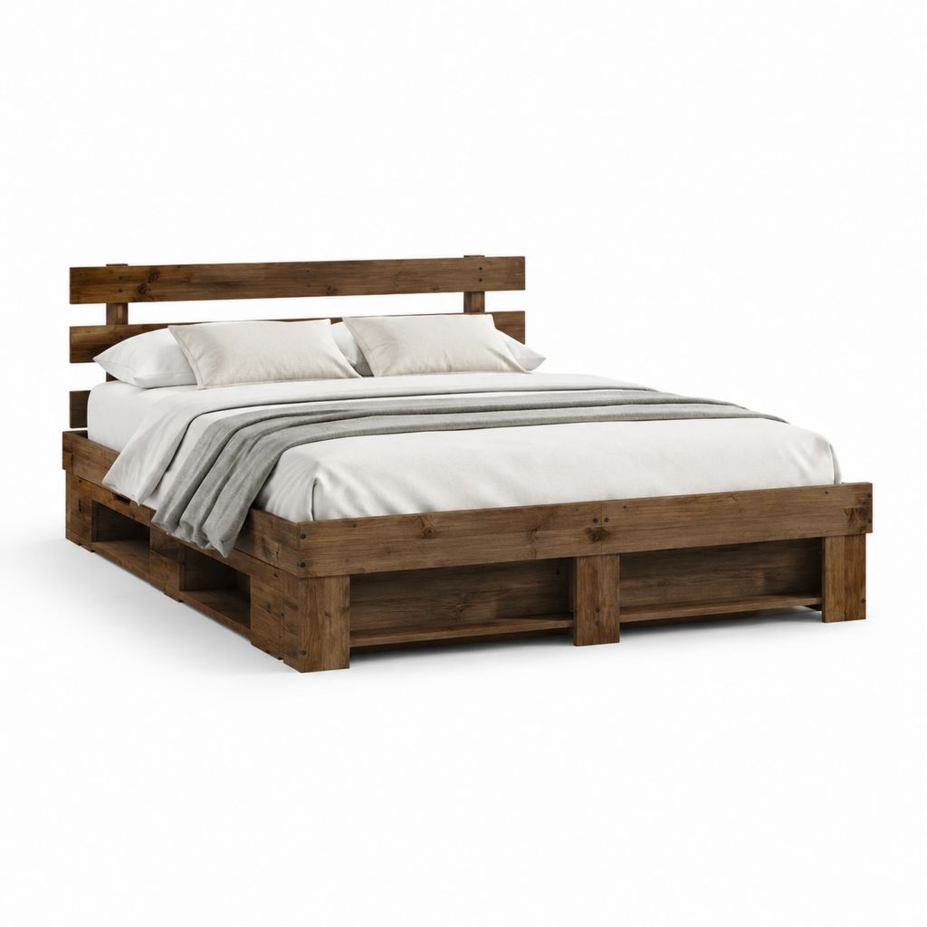 Cadre de lit double brun foncé en bois massif avec rangement 160 x 200 cm
