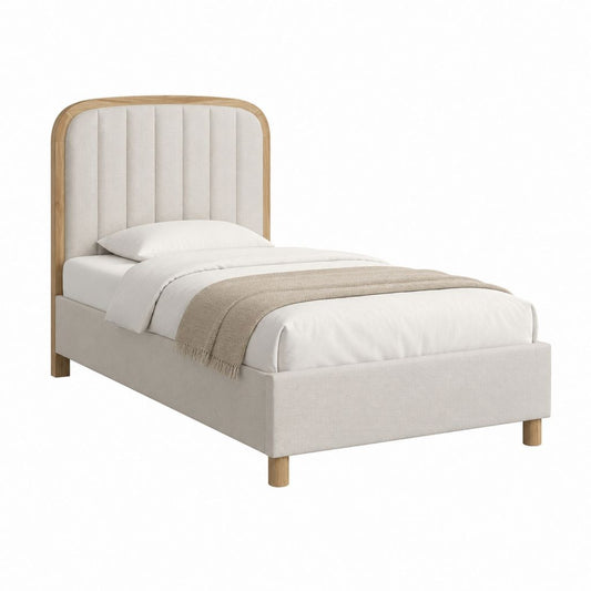 Lit 1 place avec cadre de lit beige en polyester et contour chêne 90 x 190 cm