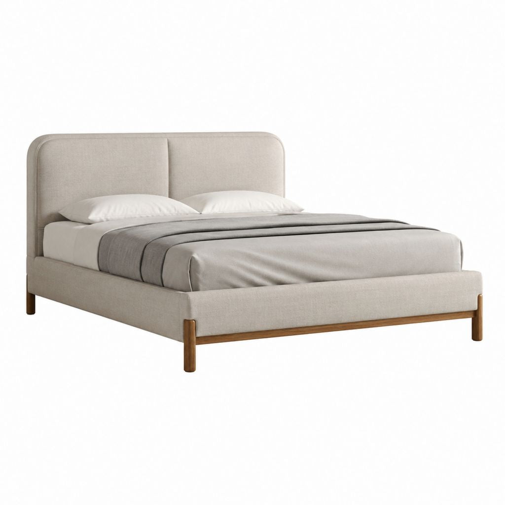 Lit adulte avec cadre de lit beige en polyester et bois d'hévéa massif 160 x 200 cm