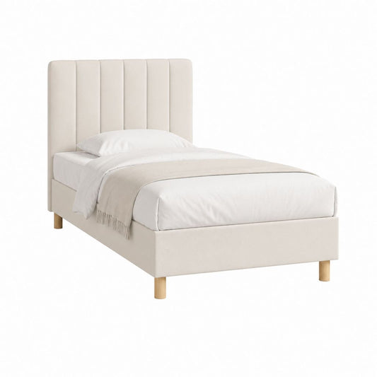 Lit simple capitonné beige en polyester avec tête de lit verticale 90 x 190 cm